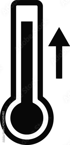 Thermometer indicating rising temperature with upward arrow against white background