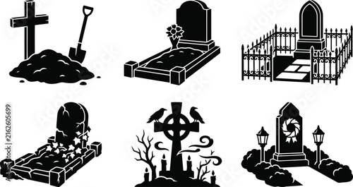 Foto Various gravestones and cemetery elements in a silhouette style with a somber mo