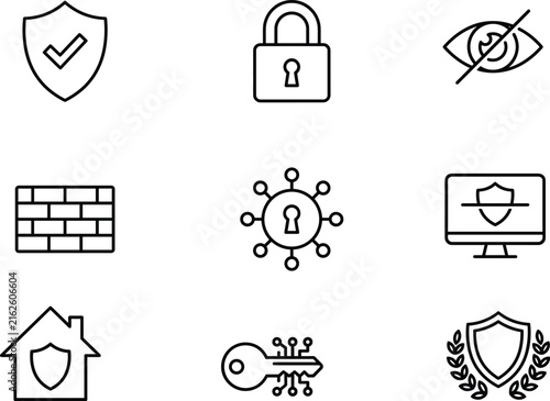 Cybersecurity data protection network privacy internet safety and digital information system security outline line icon set vector