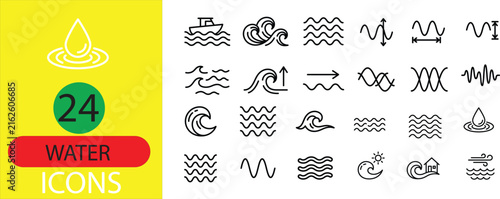 PrintWater Waves Line Icon Set: Solid, Outline and Modern Flat Color