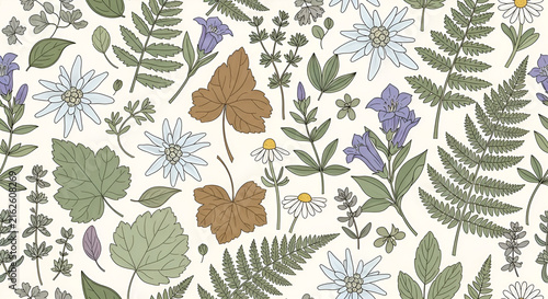 Delicate botanical seamless pattern with assorted wildflowers, ferns, and green leaves on a soft background, perfect for digital designs and textile prints