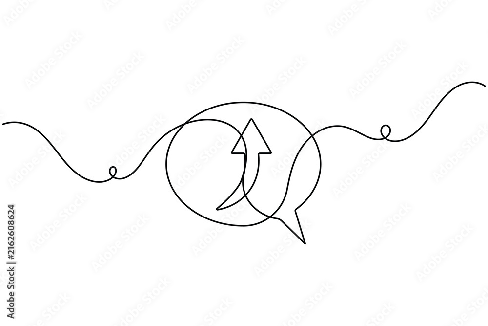 Obraz premium Modern chat speech bubble frame with up arrow icon sign continuous one line drawing on white background minimalist single art social media and message share symbol editable outline vector illustration