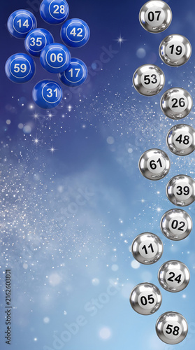 Blue and silver numbered balls floating against a sparkly blue background, symbolizing luck, chance, and games of fortune, ideal for lottery or casino themes.