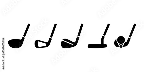 Bild auf Leinwand Five black golf clubs set with putter and driver
