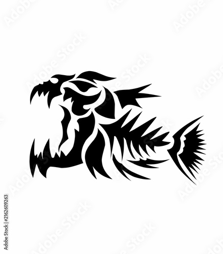 Stylized black tribal piranha monster skeleton with sharp teeth and aggressive design