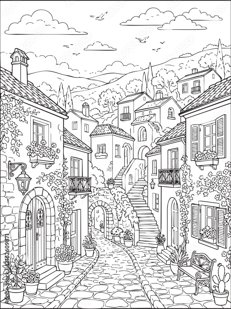 Obraz premium Old European town street with stone houses and cobblestone alley coloring page