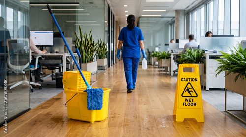 Office cleaning with a wet floor sign and mop, symbolizing safety, maintenance, and professional upkeep in a modern workspace