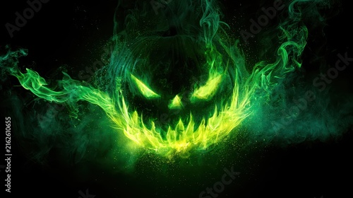 Sinister glowing green pumpkin face formed by flames and swirling smoke on a dark Halloween background.