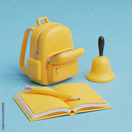 yellow backpack school supplies on blue background