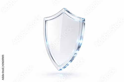Blank transparent glass shield isolated on a white background. Clear 3D acrylic defense emblem mockup for web security, safety, and protection design templates.