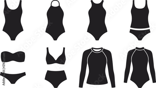 Картината върху платно Set of women swimwear and beachwear black silhouette icons including bikini, one