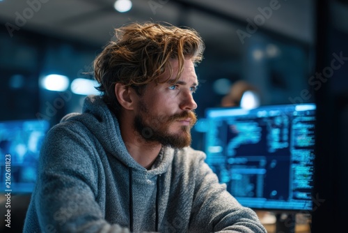 Cybersecurity Specialist Monitoring Computer Systems in Office