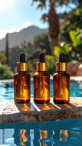Three amber glass dropper bottles with essential oils outdoors