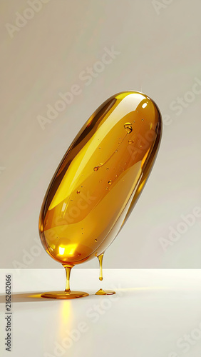 Closeup of a golden capsule with liquid dripping