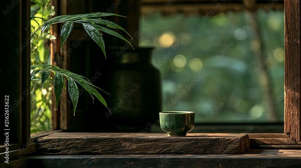 Fototapeta premium Still life featuring green ceramic cup on rustic wooden shelf, lush tropical foliage, and soft natural light