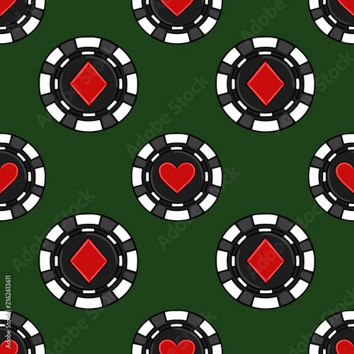 Casino poker chips seamless pattern vector with red heart and diamond suit symbols on green background