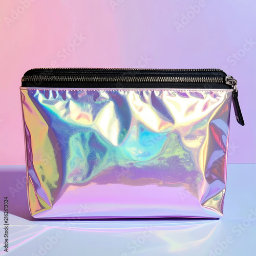 Holographic Cosmetic Bag with Zipper on Colorful Background