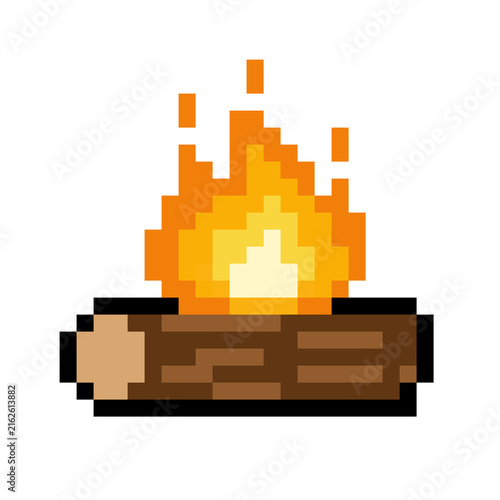 Pixel Art Campfire on a Log transparant background 