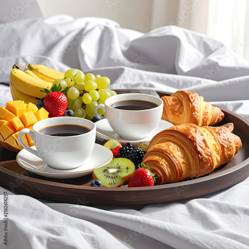 Breakfast Tray with Coffee Croissants and Fresh Fruit on Bed