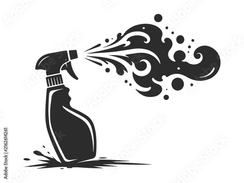 Принти на полотні Spray Bottle Cleaning Splash Black and White Vector Illustration.