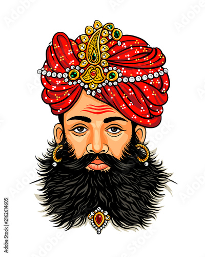 Fotografie Traditional Indian Maharaja with Ornate Red Turban, Beard and Jewelry, Cartoon Vector Illustration