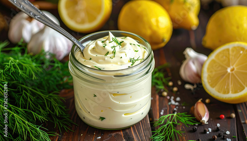 Creamy mayonnaise in glass jar with fresh herbs and lemons