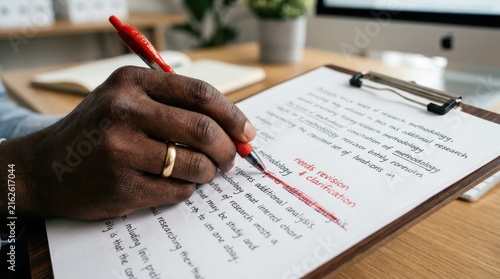 Professional editing handwritten corrections on printed document with red pen