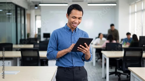 Busy young Indonesian business man executive standing in office using digital tablet. Young professional businessman corporate manager wearing suit and glasses holding tab working on finance project