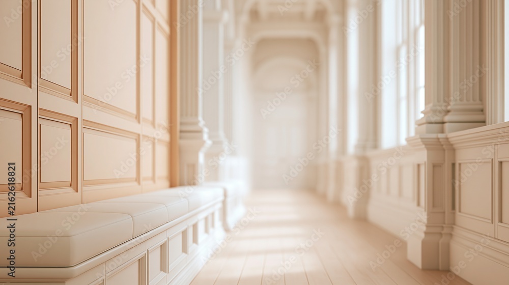 Fototapeta premium Sunlit corridor with cream wainscoting and cushioned bench, featuring classical columns and soft natural light.