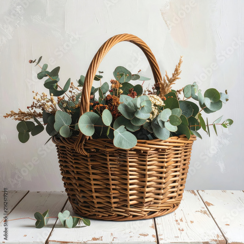 Decorative Basket Filled with Eucalyptus and Dried Flowers for Home Decor
