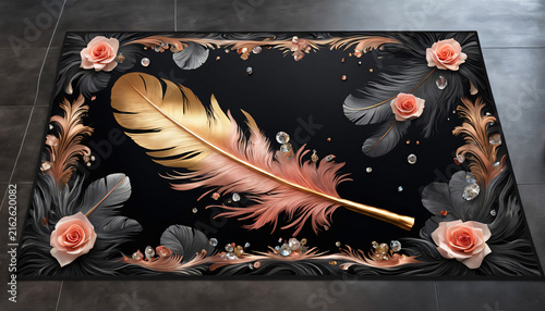 Vintage Feather and Floral Paper Design with Botanical Flowers, Butterfly, Leaf Ornament and Elegant Decorative Nature Pattern Background