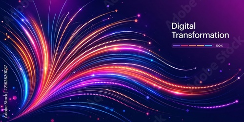 Vibrant Digital Transformation Data Flow With Sweeping Neon Blue Orange and Magenta Light Trails, Glowing Particles and Elegant Curves for Futuristic Technology Motion