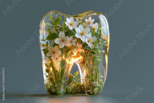 transparent glass human tooth filled with blooming white flowers, lush green plants and fresh botanical elements