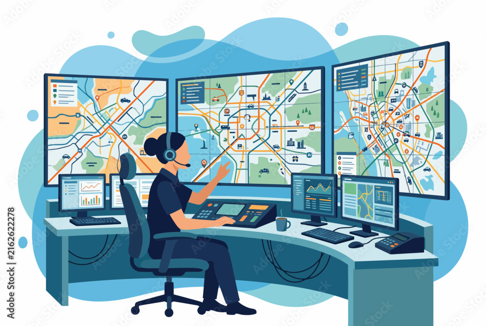 Fototapeta premium Emergency Dispatch Operator in Command Center with Map Screens