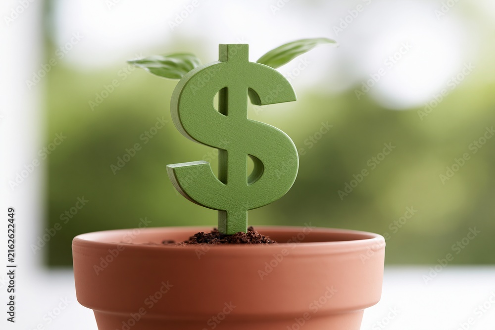 Fototapeta premium Green dollar symbol sprouting from soil in a terracotta pot with small leaves against a blurred natural background