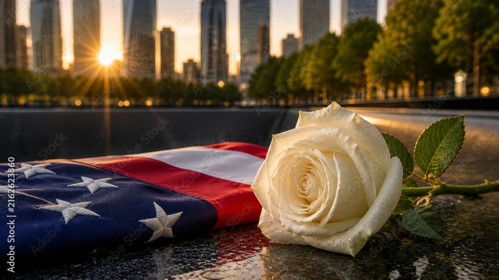 Obraz premium White rose on American flag at a September 11 memorial
