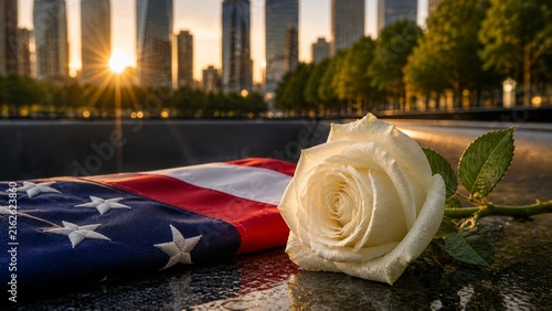 White rose on American flag at a September 11 memorial