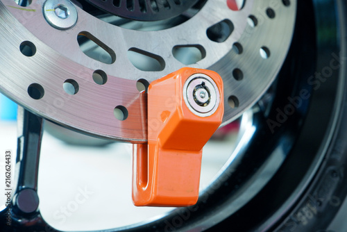 Fotografie Motorcycle Disc Brake Lock on Wheel Rotor for Vehicle Anti-Theft Security