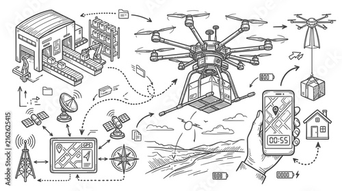 Drone logistics network diagram illustrates automated package delivery systems.