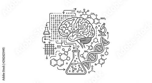 Brain illustration made of scientific symbols represents data analysis and innovation.