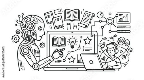 Artificial intelligence robot teaches a student using laptop computer in modern digital classroom.