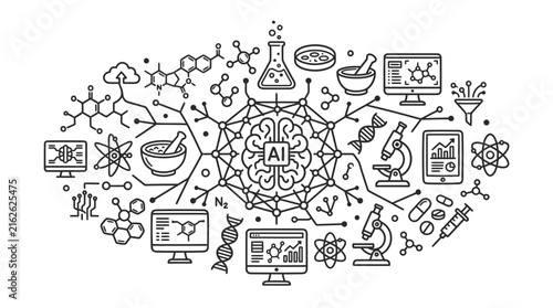 Artificial intelligence science illustration depicts biotechnology research, chemistry icons, and neural networks.