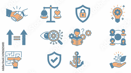 Business icon set represents corporate, security, and strategic concepts.