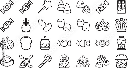 Halloween Candies, Sweets, and Trick or Treat Snacks Line Art Icon Set in Monoline Style