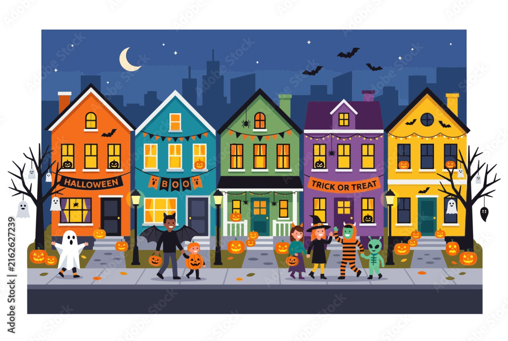 Naklejka premium Children in Costumes Trick or Treating in a Decorated Neighborhood at Night