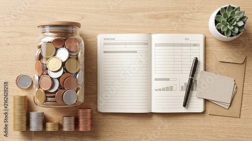 Budget Planning with Savings Jar and Coins on Wood Table
