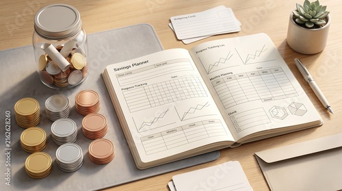 Savings planner notebook with stacks of coins and budget tracker on desk