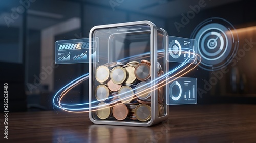 Futuristic Digital Investment and Savings Jar with Financial Data Charts