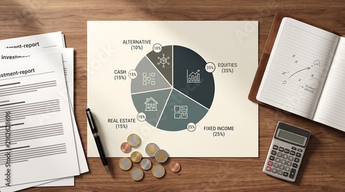 Financial Portfolio Asset Allocation Pie Chart on Office Desk