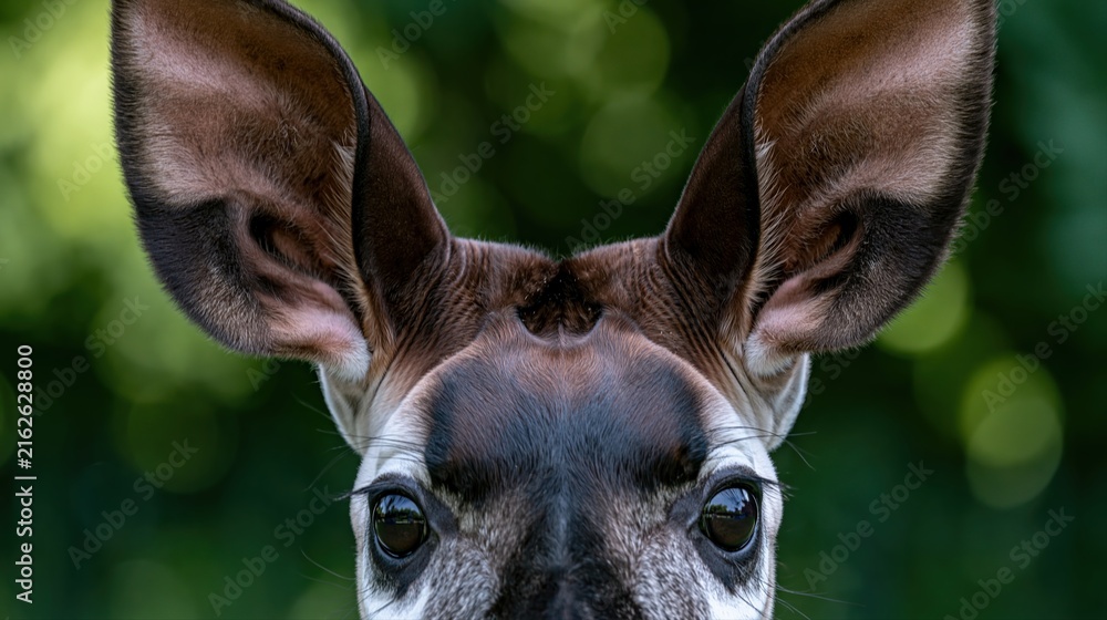 Naklejka premium Close Up Face of Baby Okapi Looking Curiously At Camera With Large Ears Visible Against Green Natural Background